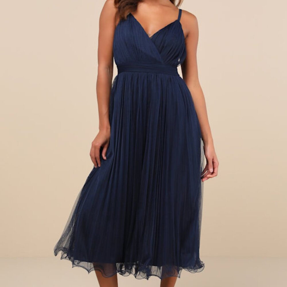 Lulus Exemplary Aura Navy Tulle Surplice Midi Dress Blue - Size S